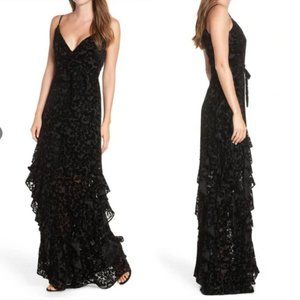 ML MONIQUE LHUILLIER Velvet Burnout Tiered Black Gown